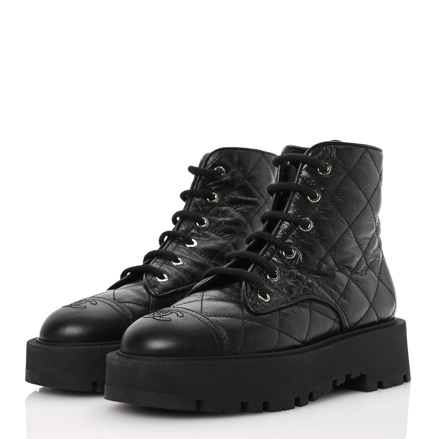 Chanel Crumpled Lambskin Quilted Platform Lace Up Combat Boots 38 Black 3 of 10