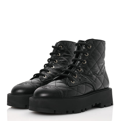 Chanel Crumpled Lambskin Quilted Platform Lace Up Combat Boots 38 Black 3 of 10