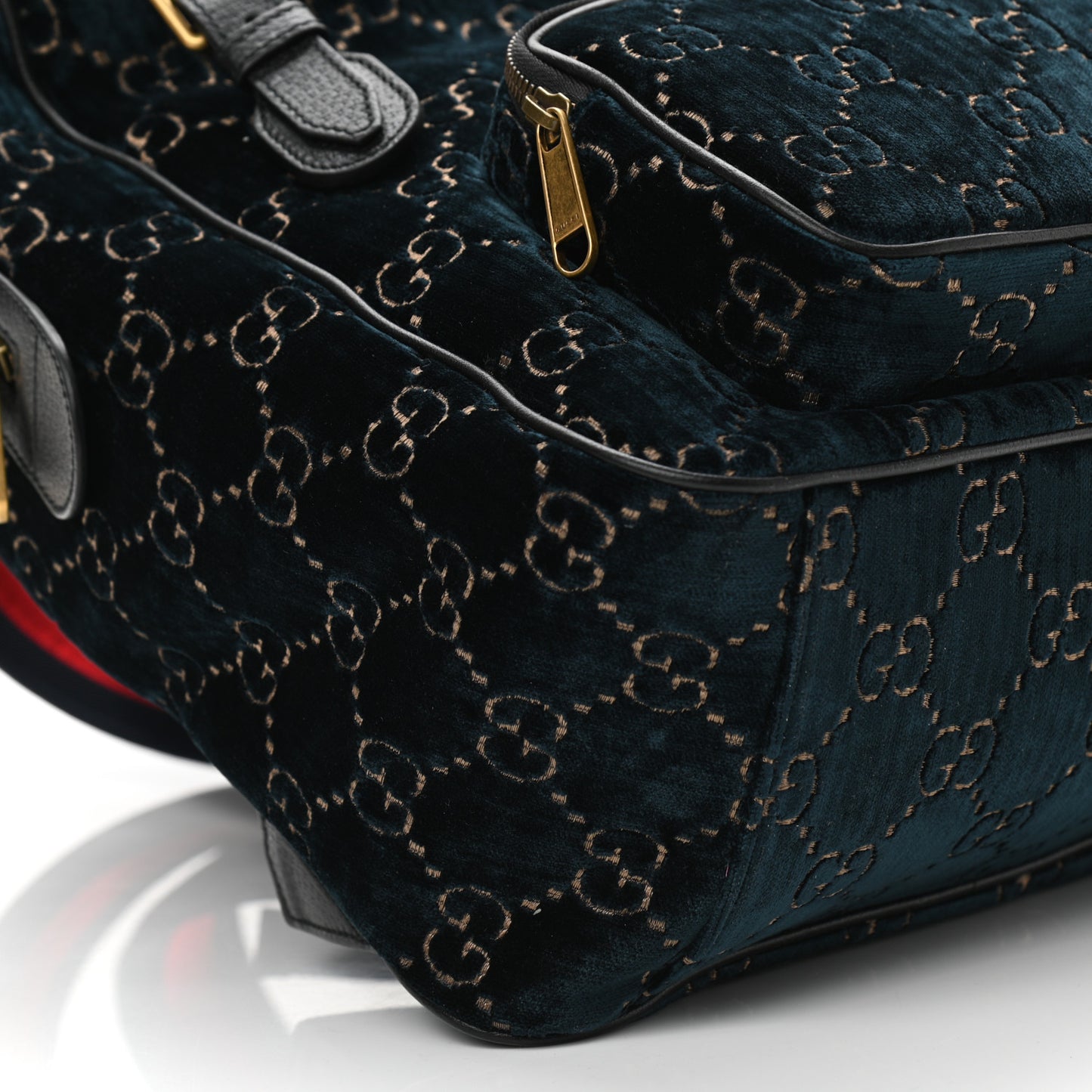Velvet GG Monogram Textured Calfskin Web Small Double Buckle Backpack Blue Beige Black