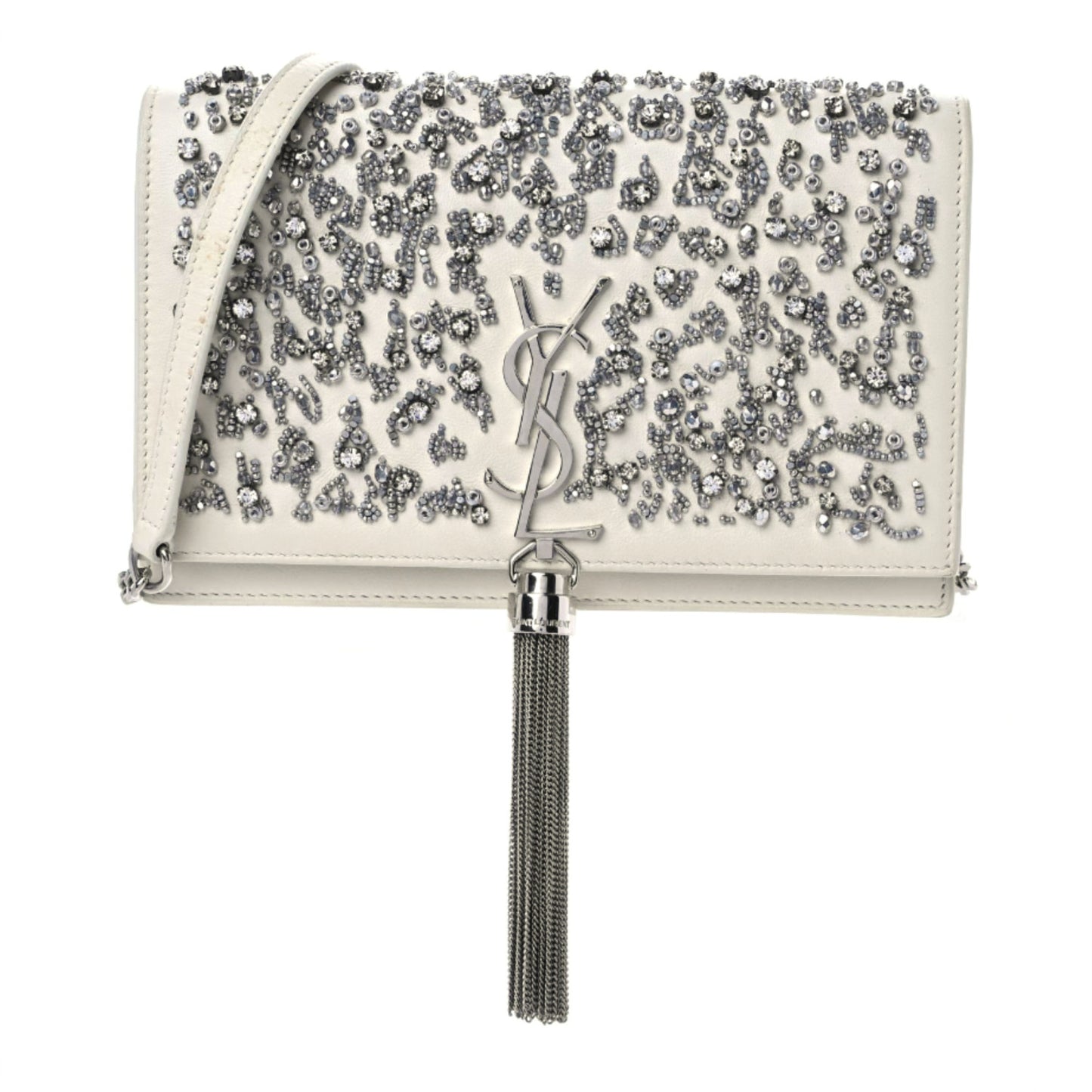 Calfskin Bead Embellished Kate Monogram Tassel Chain Wallet White