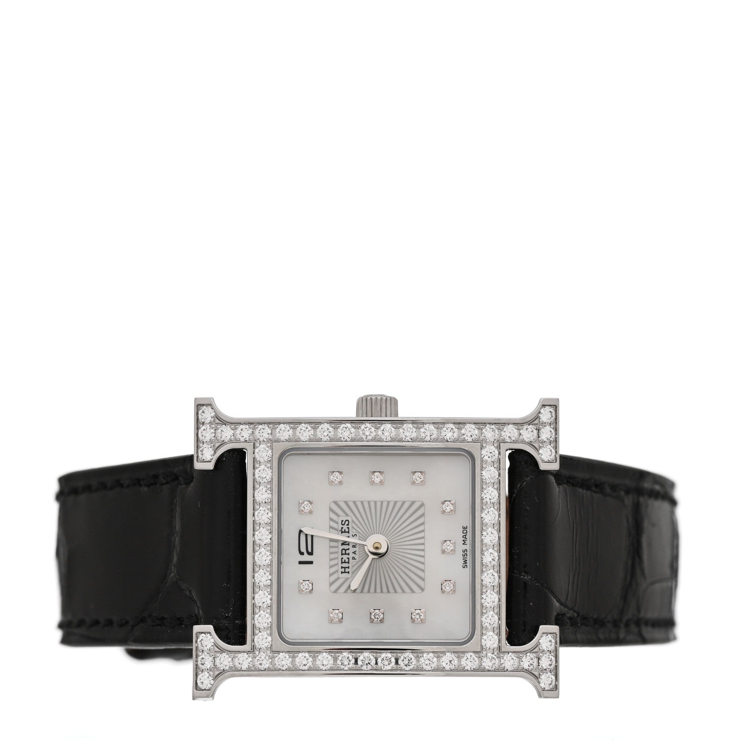 Hermes Stainless Steel Alligator Diamond Bezel Mother of Pearl 21mm Heure H Hour Quartz Watch Noir 2 of 5
