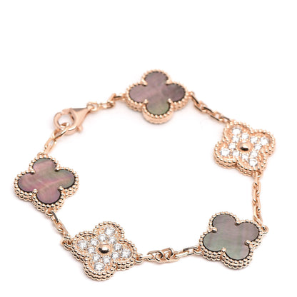 Van Cleef & Arpels 18K Rose Gold Diamond Gray Mother of Pearl 5 Motifs Vintage Alhambra Bracelet 1 of 6