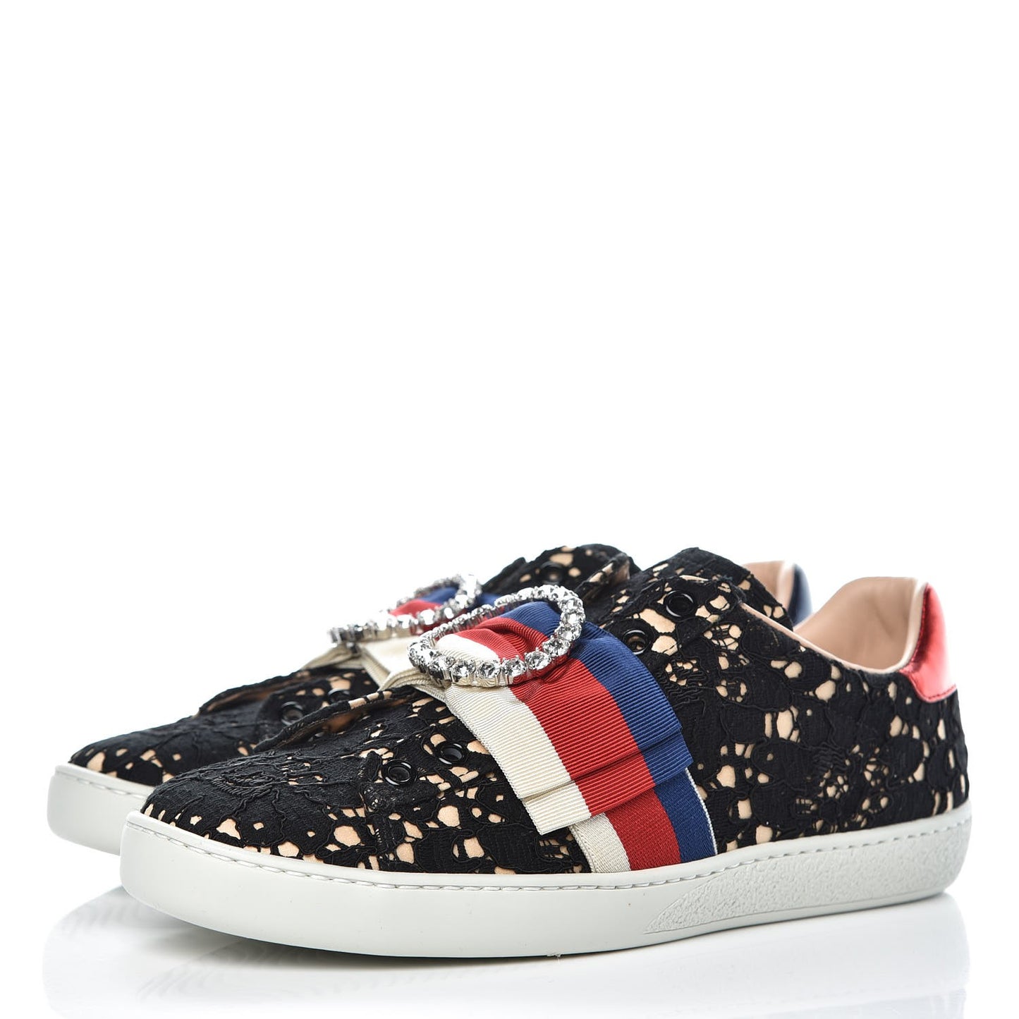 Lace Crystal Sylvie Web Flower Leaf Womens Ace Sneakers 37 Black Tan Beige