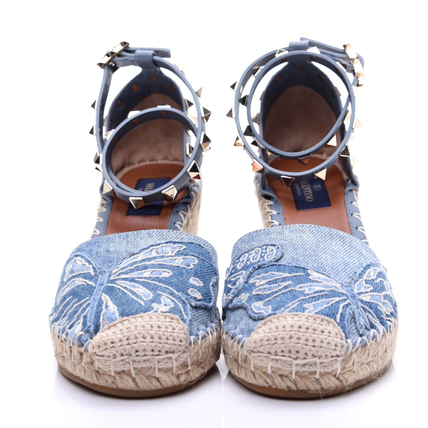 Denim Butterfly Embroidered Rockstud Ankle Wrap Espadrille 15/85mm Wedges 36 Light Denim