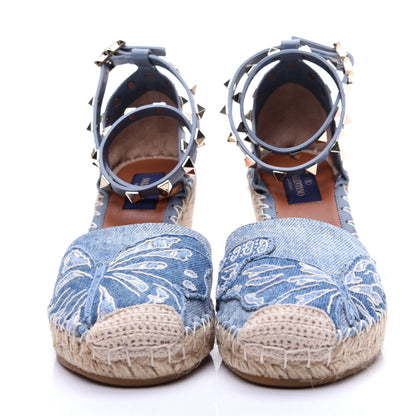 Valentino Garavani Denim Butterfly Embroidered Rockstud Ankle Wrap Espadrille 15/85mm Wedges 36 Light Denim 2 of 18