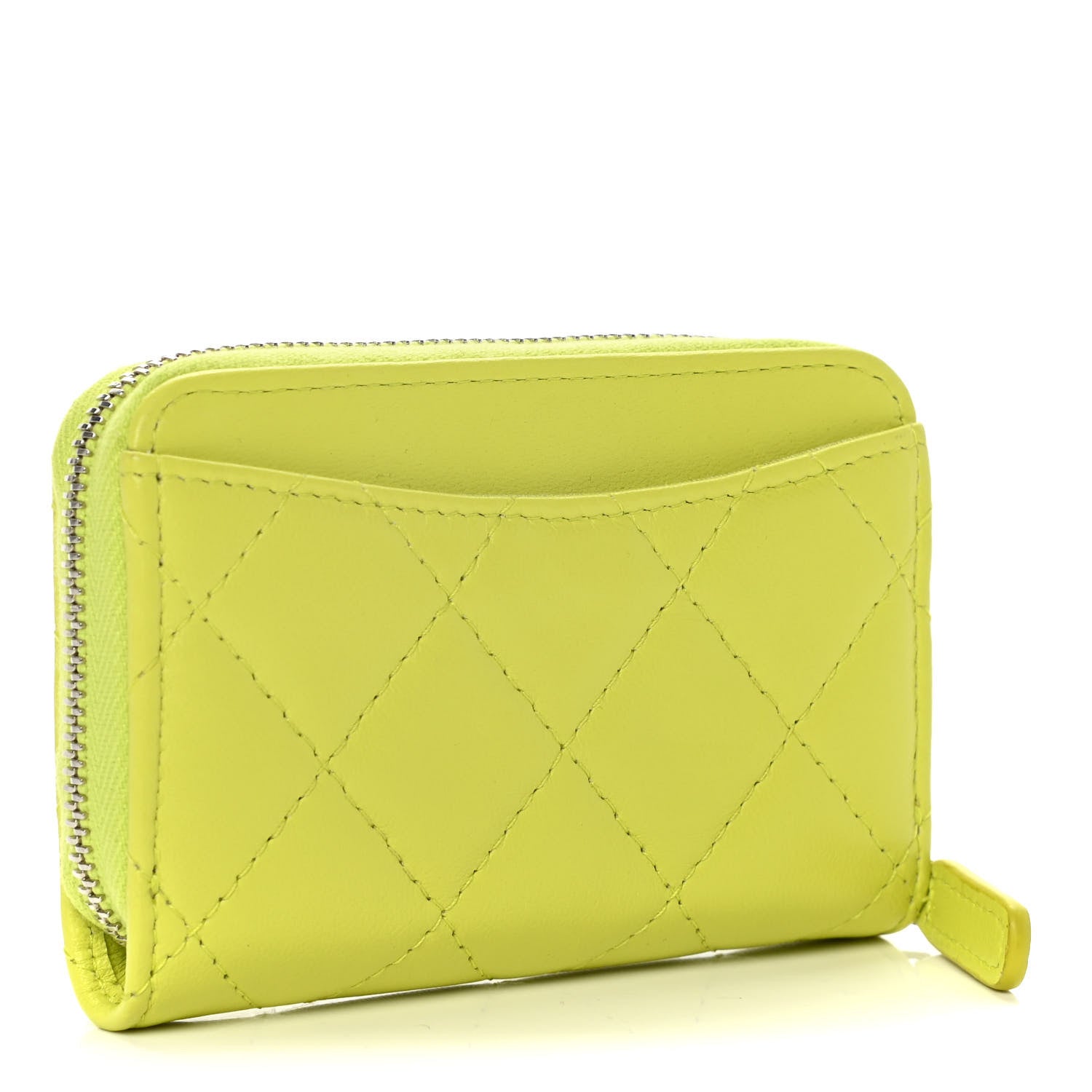 Chanel Lambskin Quilted Zip Coin Purse Wallet Neon Yellow 3 of 11