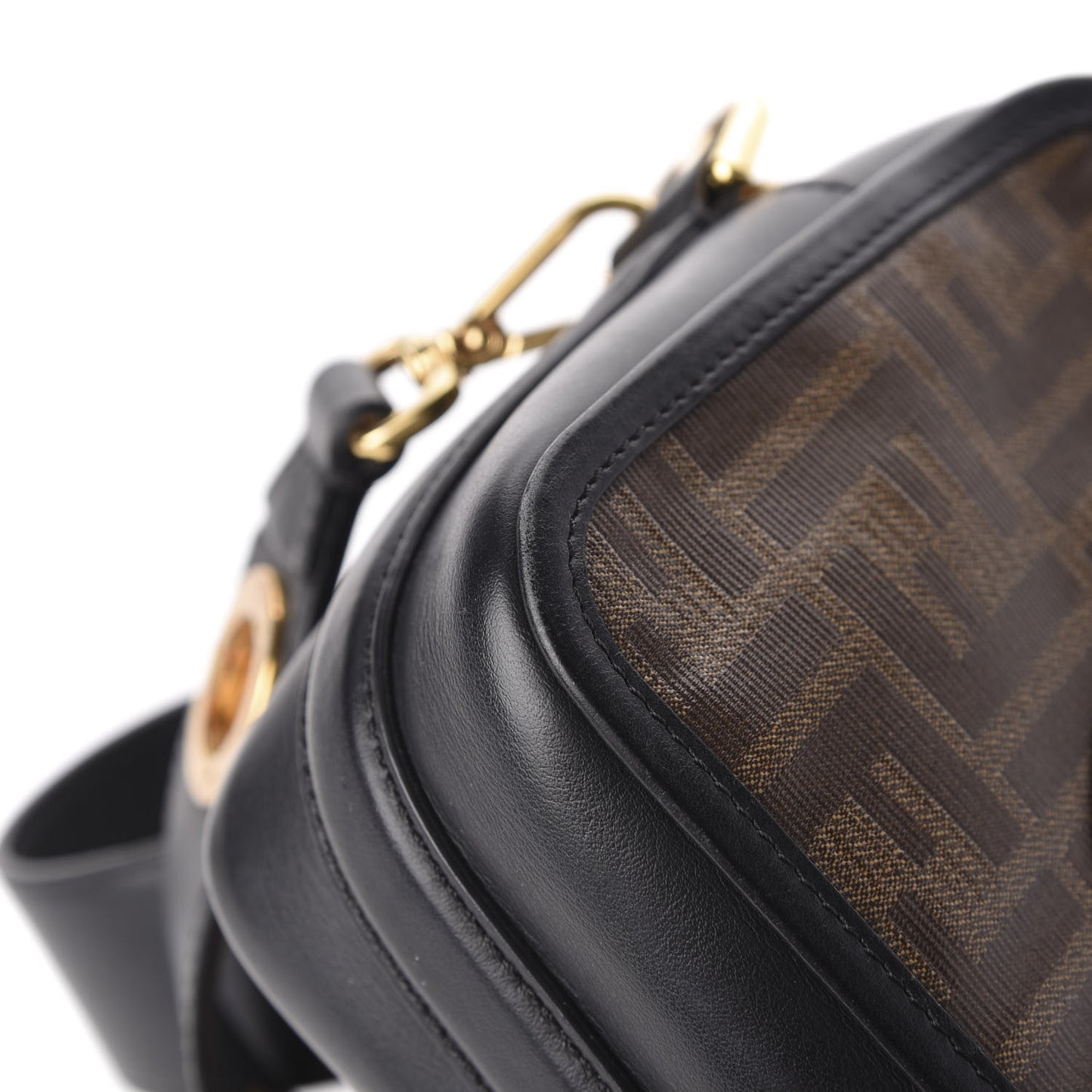 Glazed Fabric Vitello Century F is Fendi FF 1974 Stamp Patch Camera Case Mogano Panna Black