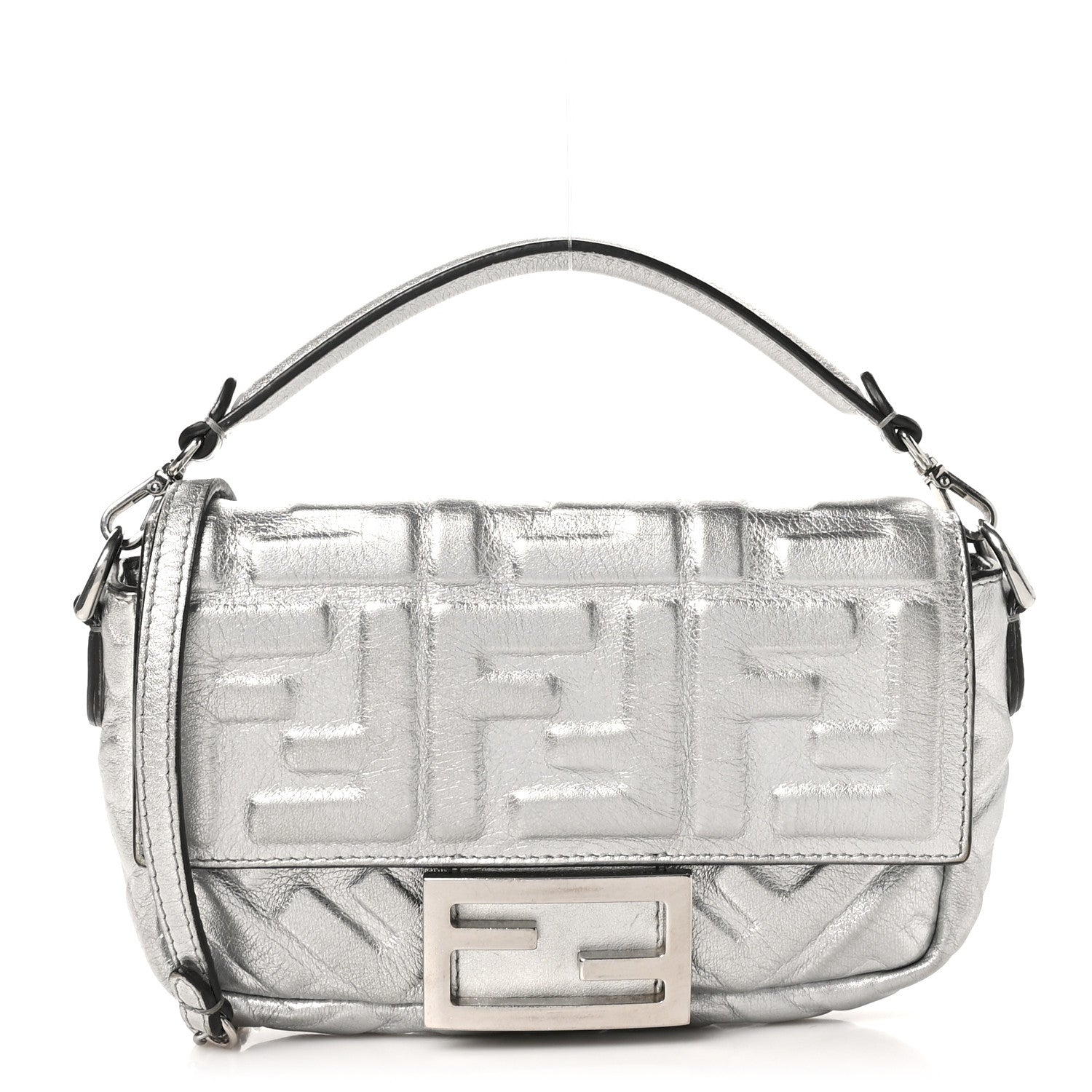 Fendi Vitello Catalan Mirror FF 1974 Embossed Mini Baguette Argento 1 of 11
