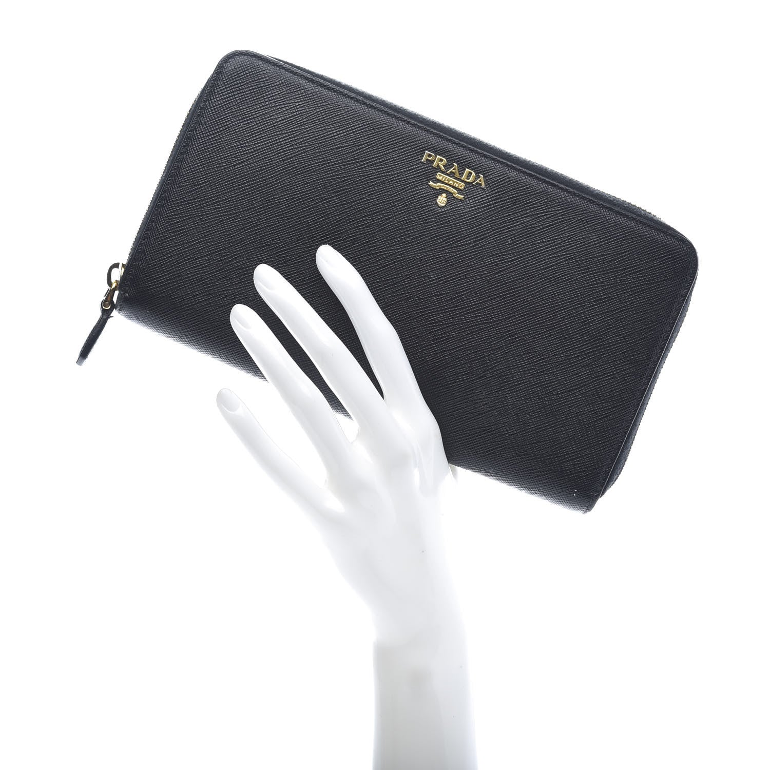 Prada Saffiano Metal Large Zip Around Travel Wallet Black 2 of 10