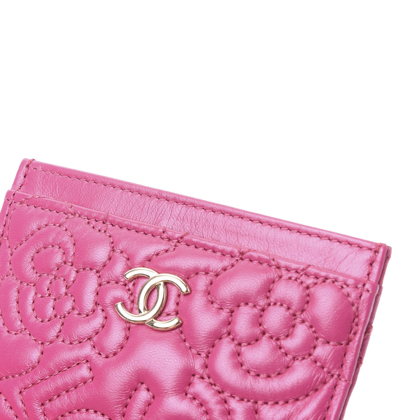 Lambskin Camellia Embossed Card Holder Fuchsia