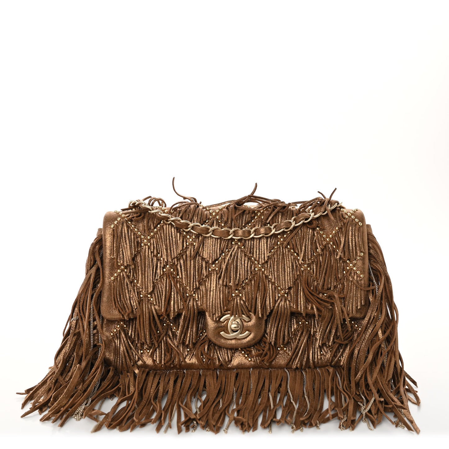 Iridescent Calfskin Quilted Studded Paris Dallas Fringe Chain Flap Bronze