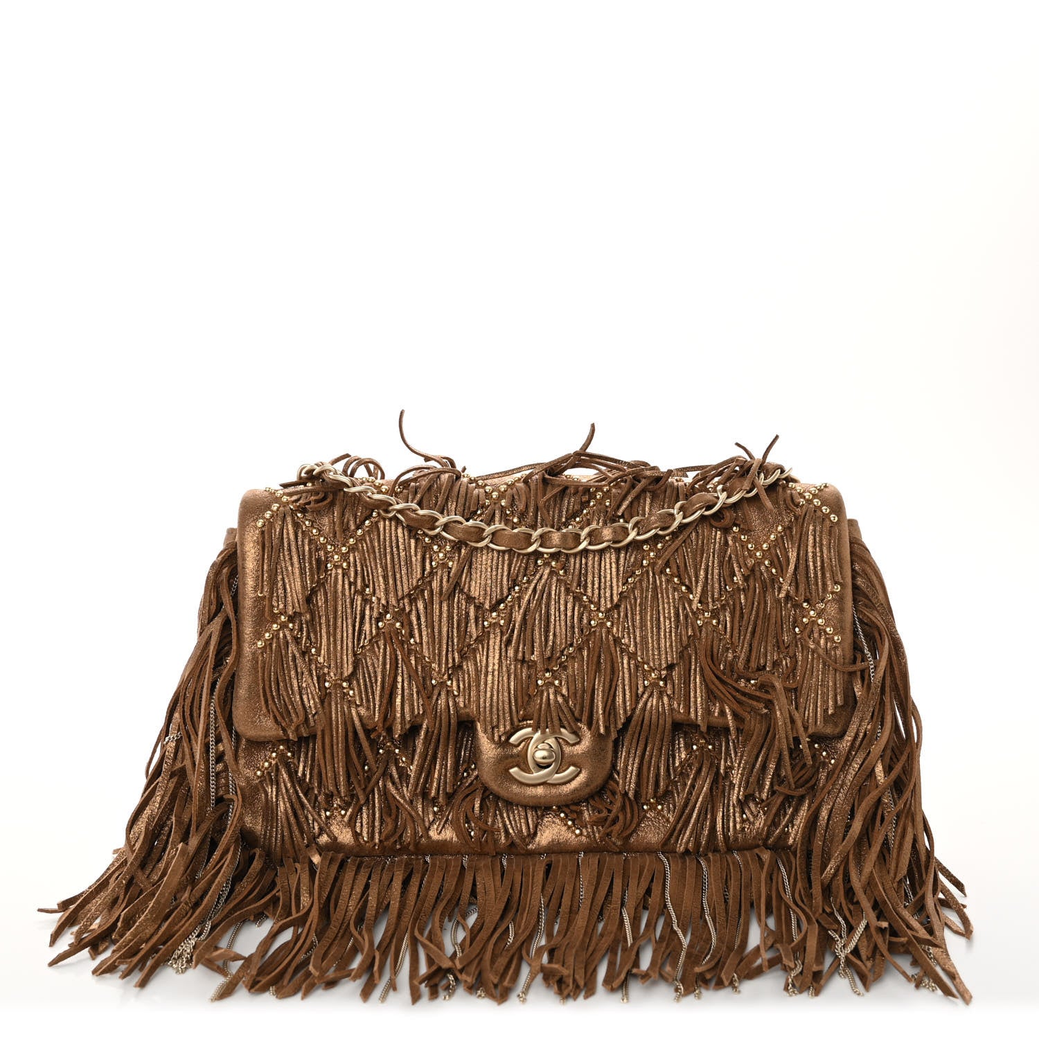 Chanel Iridescent Calfskin Quilted Studded Paris Dallas Fringe Chain Flap Bronze 1 of 10
