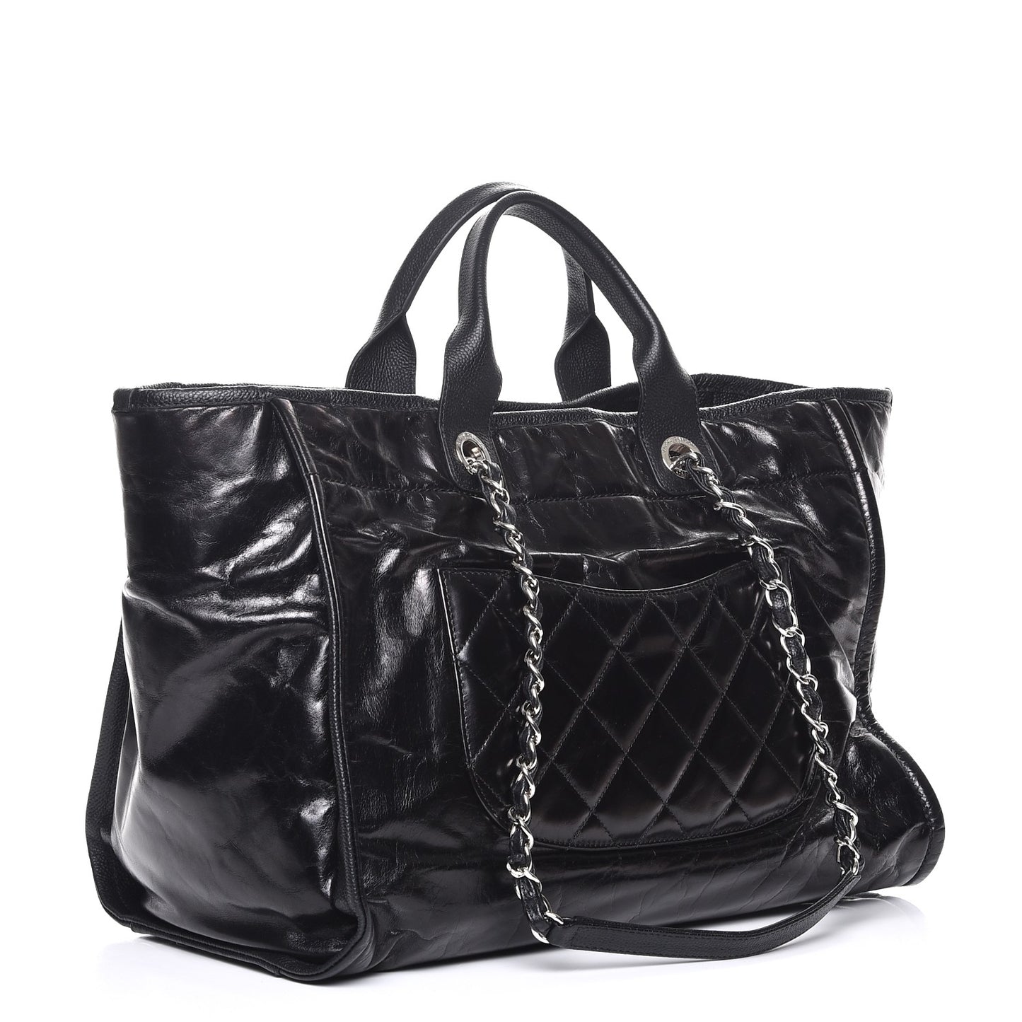 Glazed Calfskin Large Deauville Tote Black
