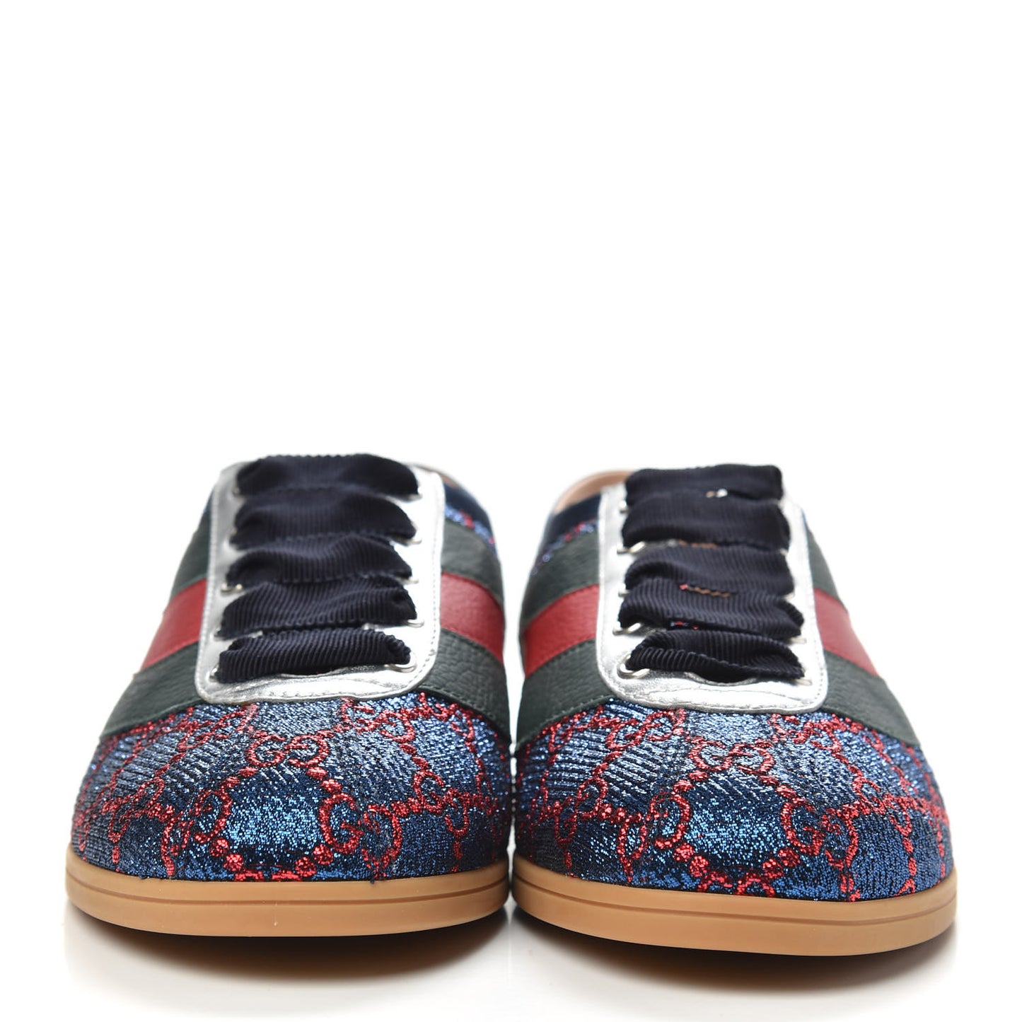 Lurex Calfskin Web GG Monogram Womens Falacer Sneakers 37.5 Iridescent Blue Iridescent Red Silver