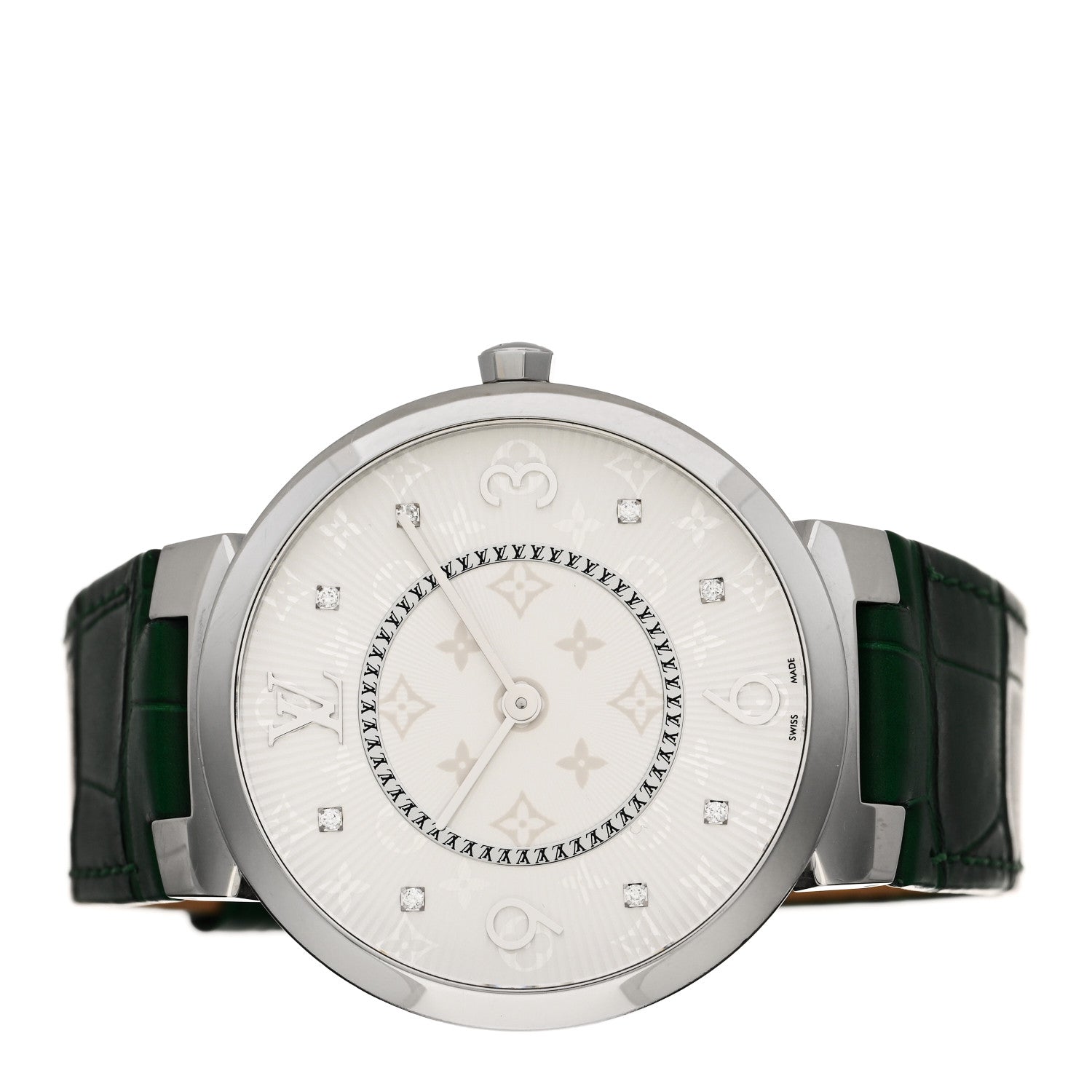 Louis Vuitton Stainless Steel Alligator Diamond 33mm Tambour Slim Quartz Watch Green 2 of 5