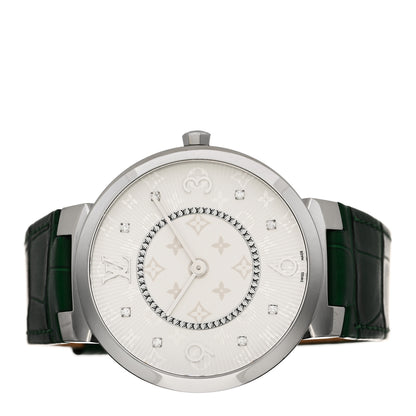 Louis Vuitton Stainless Steel Alligator Diamond 33mm Tambour Slim Quartz Watch Green 2 of 5