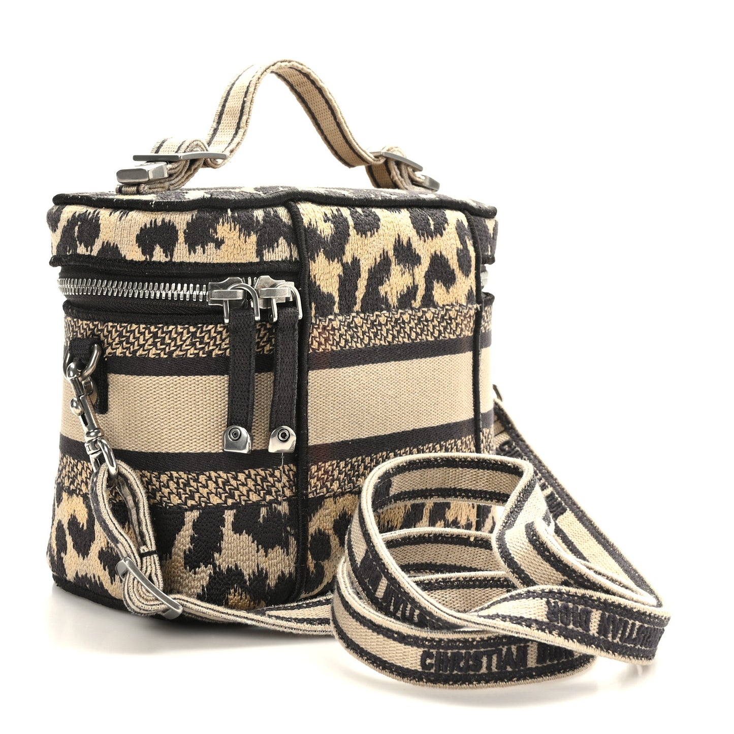 Canvas Mizza Embroidered Small Leopard Travel Vanity Case Beige