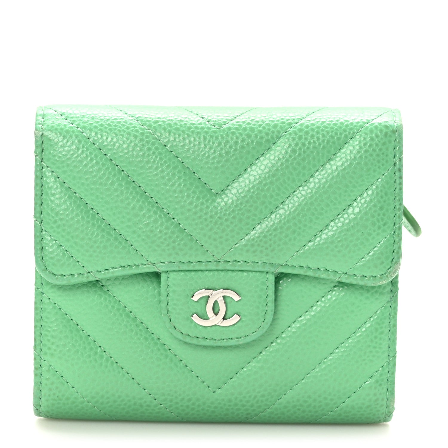 Chanel Caviar Flat Chevron Quilted Card Holder Wallet Green 1 of 7
