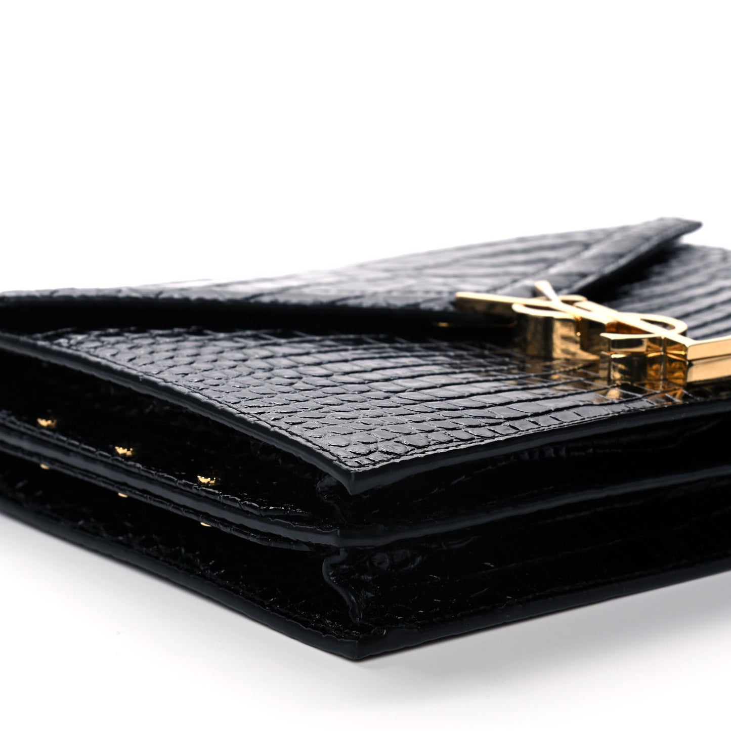 Patent Calfskin Crocodile Embossed Monogram Cassandra Chain Wallet Black