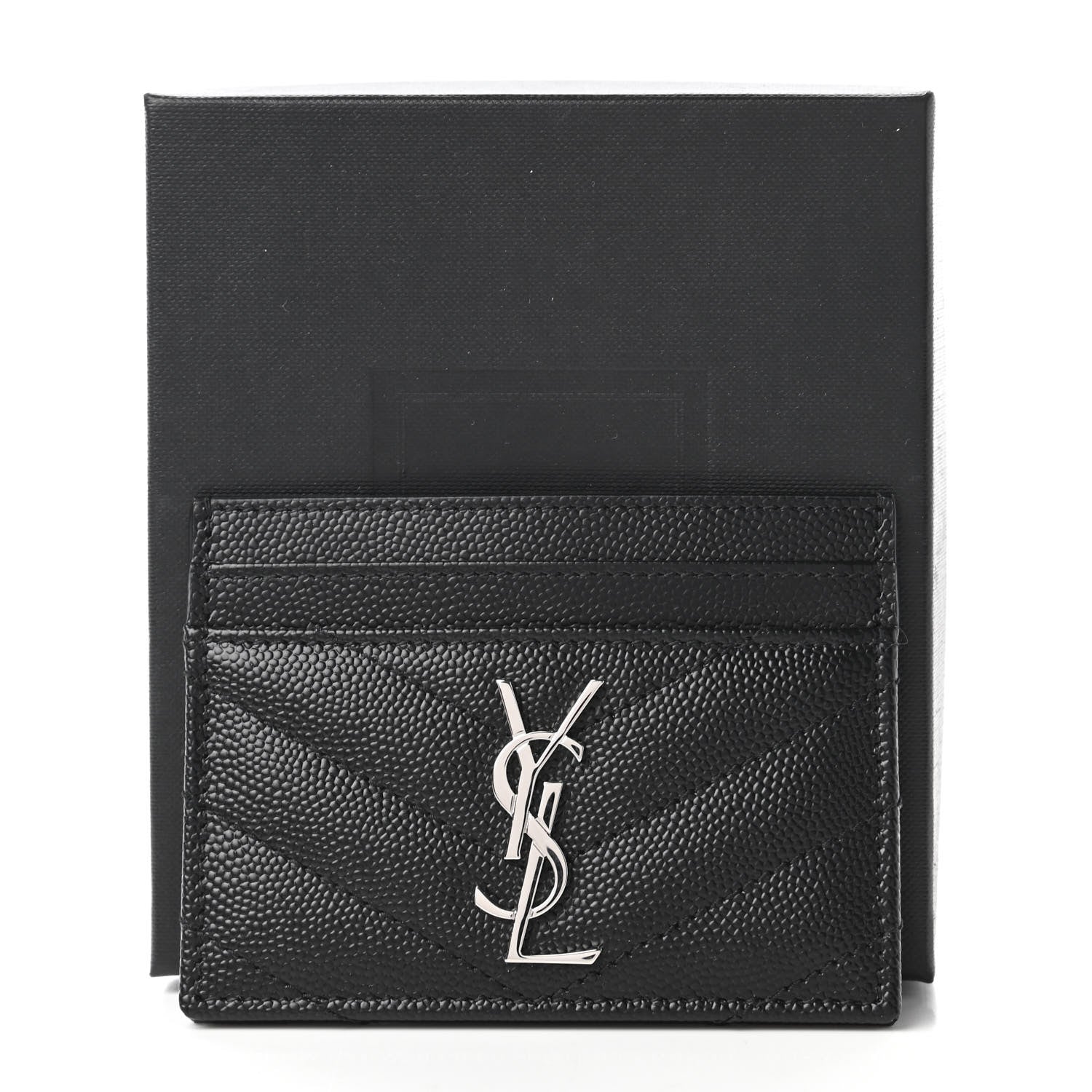 Saint Laurent Grain De Poudre Matelasse Chevron Monogram Credit Card Case Black 9 of 9
