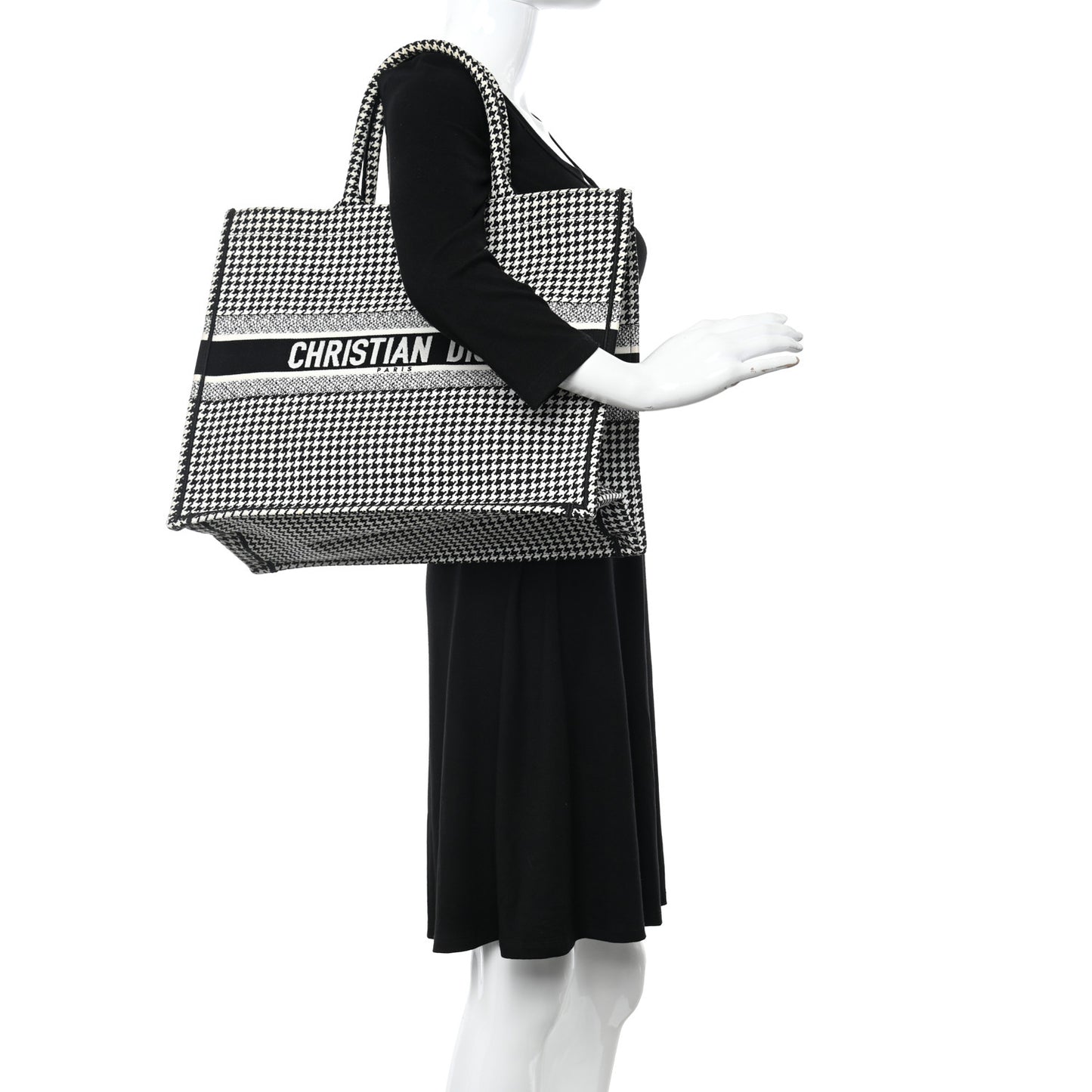 Canvas Houndstooth Embroidered Book Tote Black White