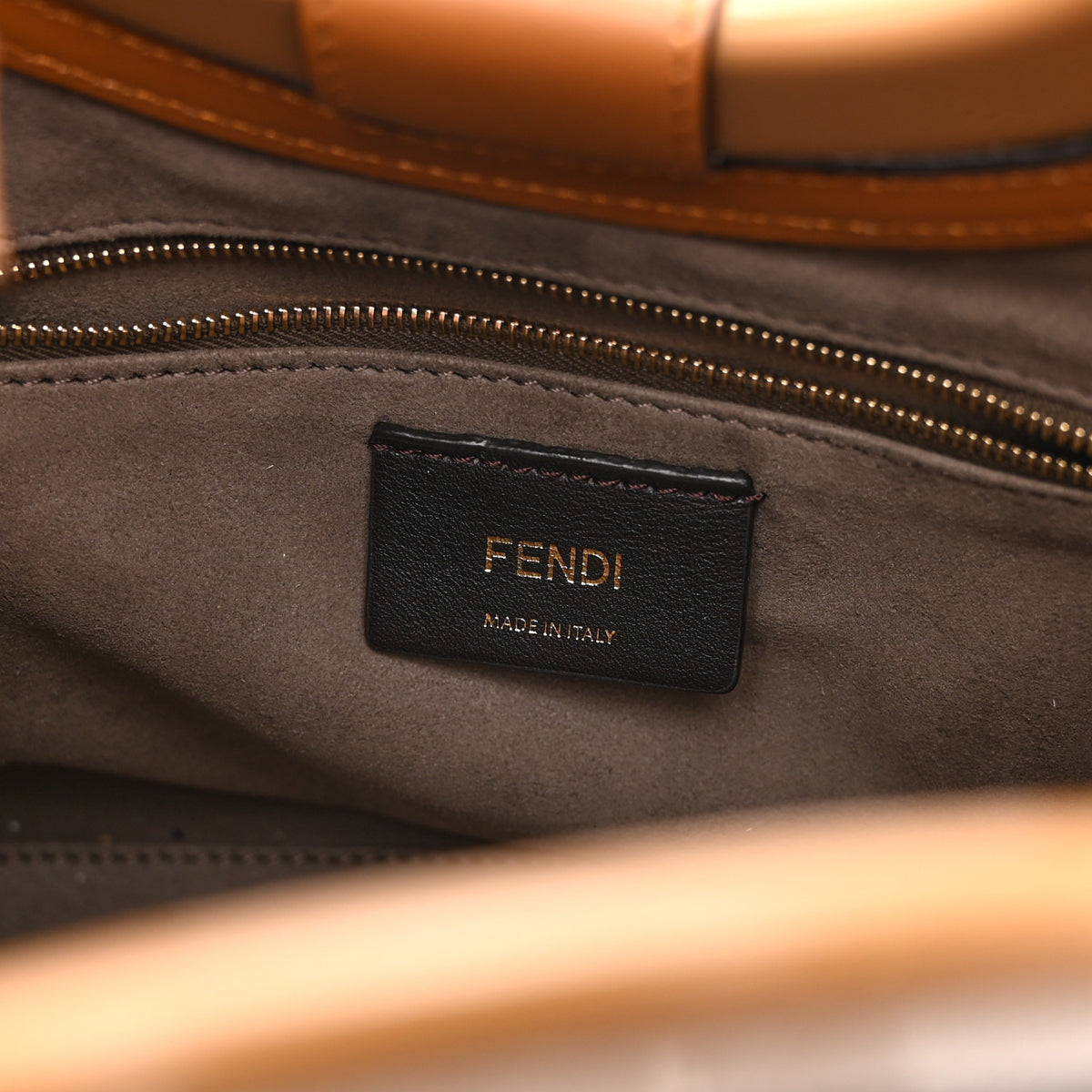 Fendi Glazed Fabric Vitello Century Plexiglass FF 1974 Stamp Patch Small Runaway Shopper Tote Mogano Panna Nocciola 6 of 11