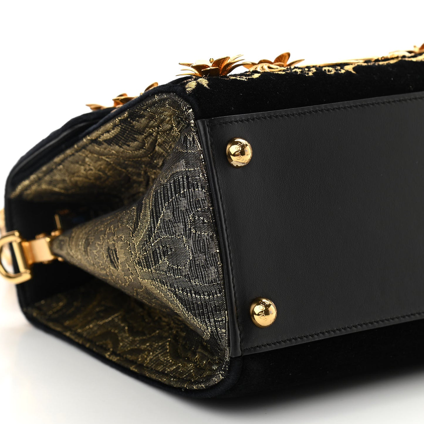 Velvet Floral Embellished Welcome Satchel Black Gold