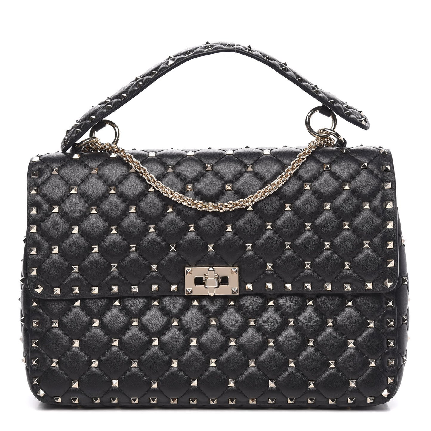 Lambskin Large Rockstud Spike Shoulder Bag Black