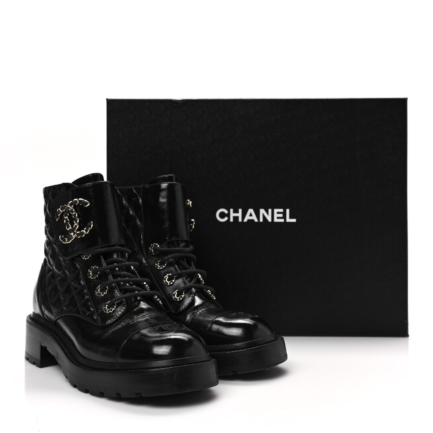 Shiny Calfskin Quilted Lace Up Combat Boots 39 Black