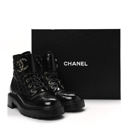 Chanel Shiny Calfskin Quilted Lace Up Combat Boots 39 Black 9 of 9
