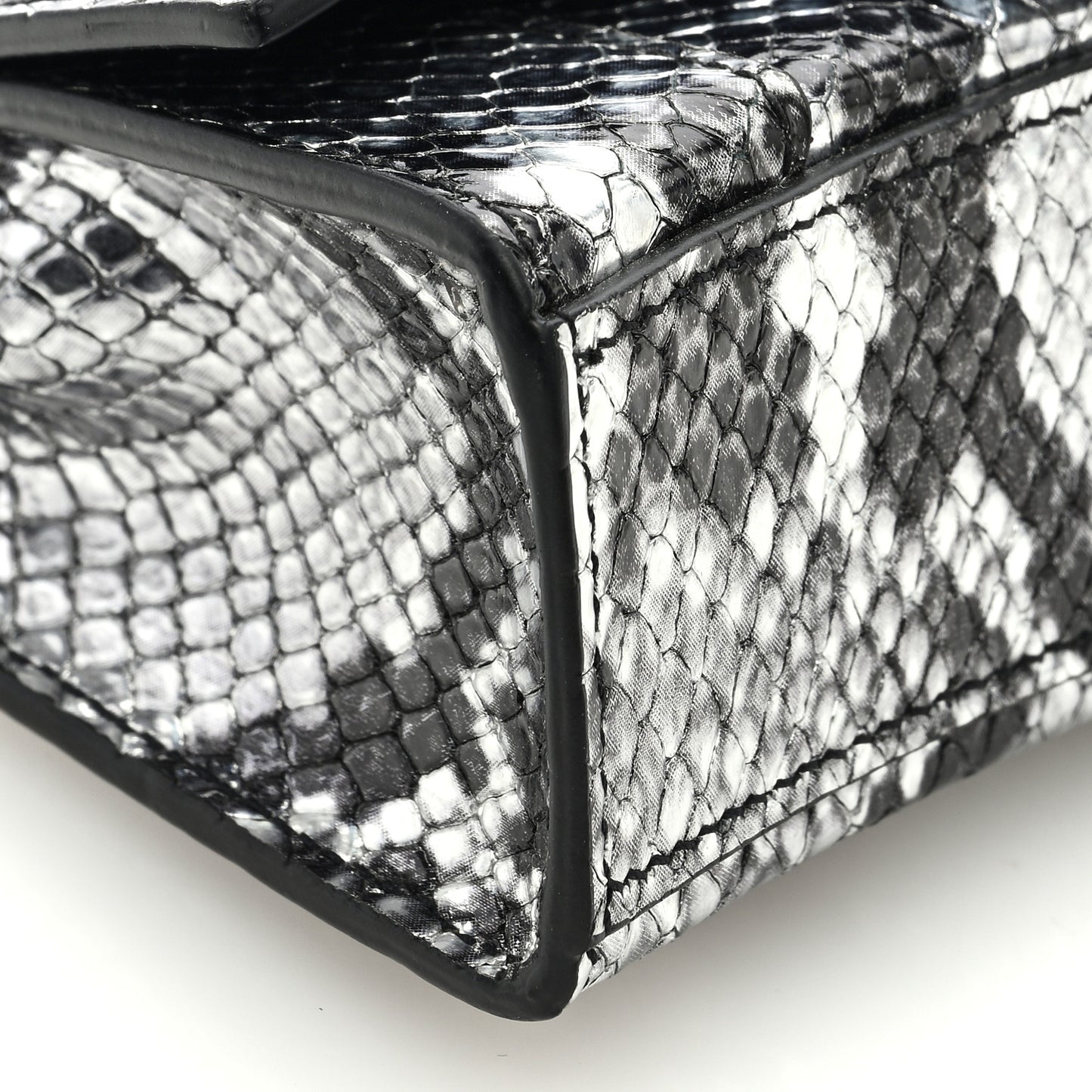 Shiny Calfskin Python Effect Hourglass Top Handle Bag Mini Silver Black
