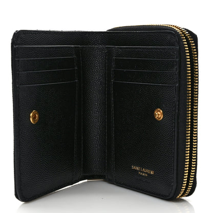 Saint Laurent Grain De Poudre Matelasse Chevron Monogram Compact Zip Around Wallet Black 5 of 7