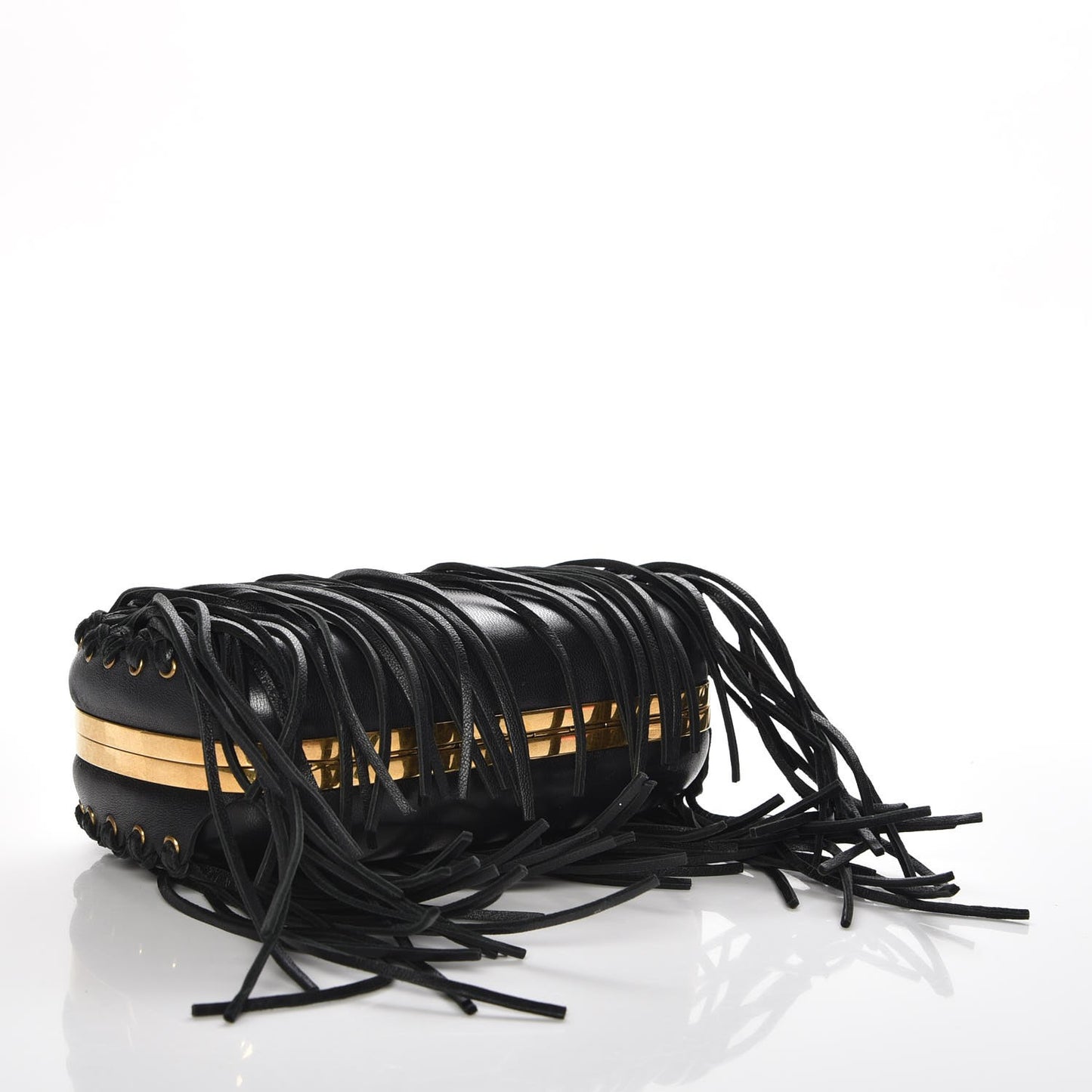 Calfskin Fringe Crystal Skull Box Clutch Black