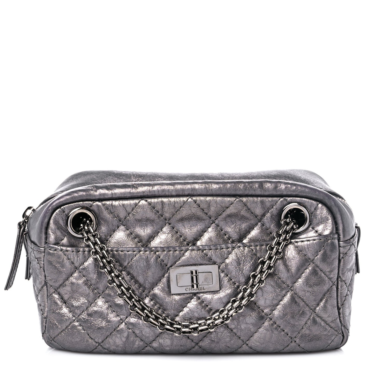 Metallic Aged Calfskin Quilted Small Reissue Camera Case Dark Silver
