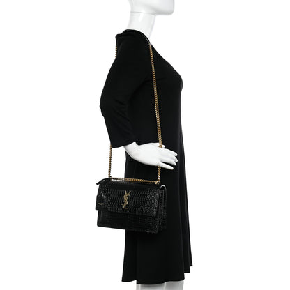 Saint Laurent Calfskin Crocodile Embossed Medium Monogram Sunset Black 2 of 9