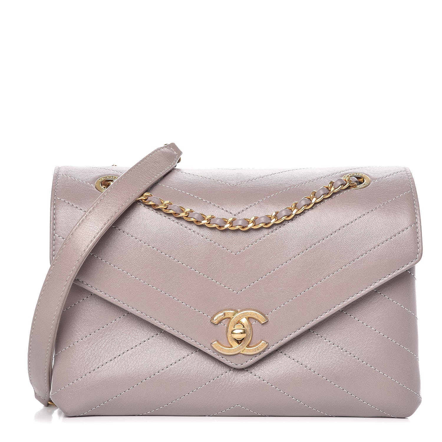 Chanel Lambskin Chevron Stitched Envelope Flap Light Grey 1 of 9