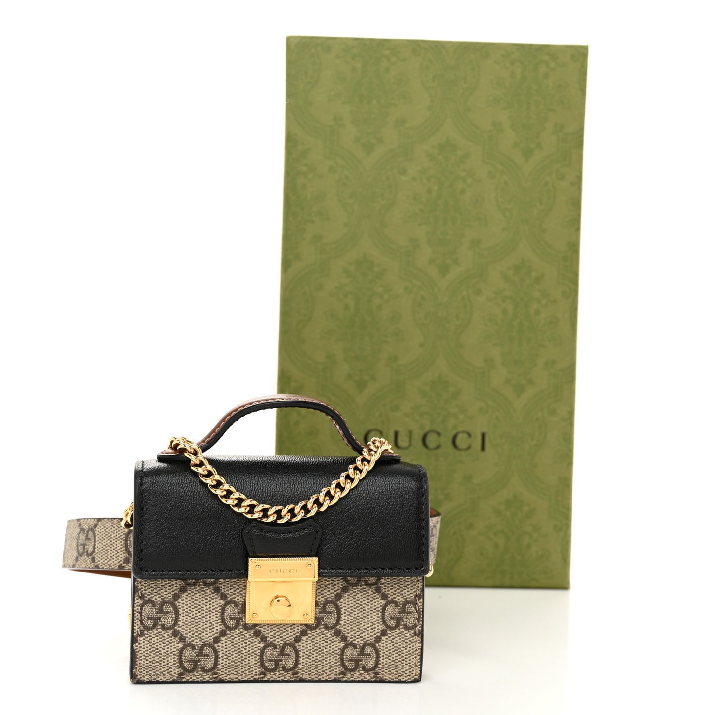 GG Supreme Monogram Calfskin Mini Padlock Top Handle Belt Bag Beige Black Cuir