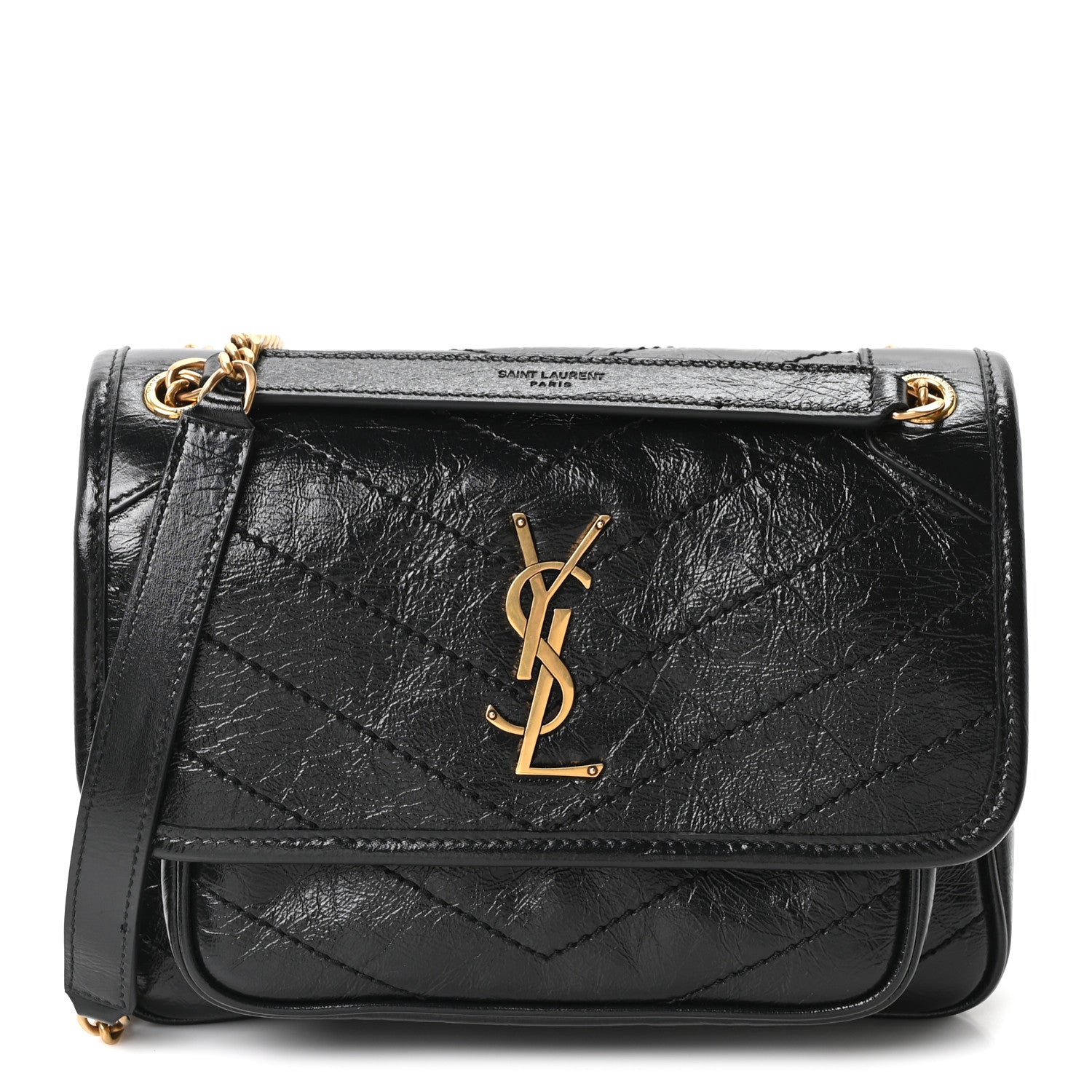 Saint Laurent Crinkled Calfskin Matelasse Monogram Baby Niki Chain Satchel Black 1 of 12
