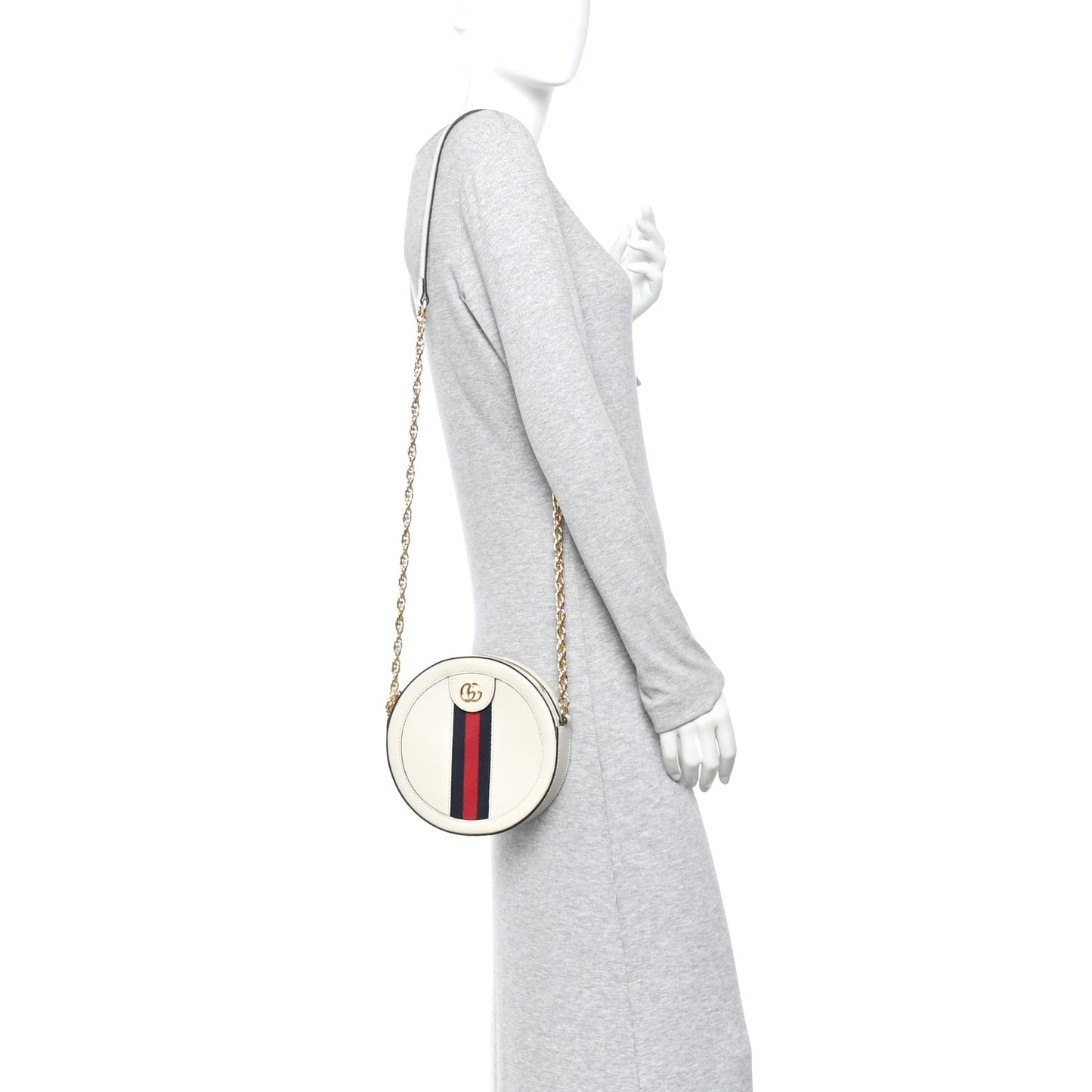 Textured Calfskin Web Mini Ophidia Round Shoulder Bag Mystic White