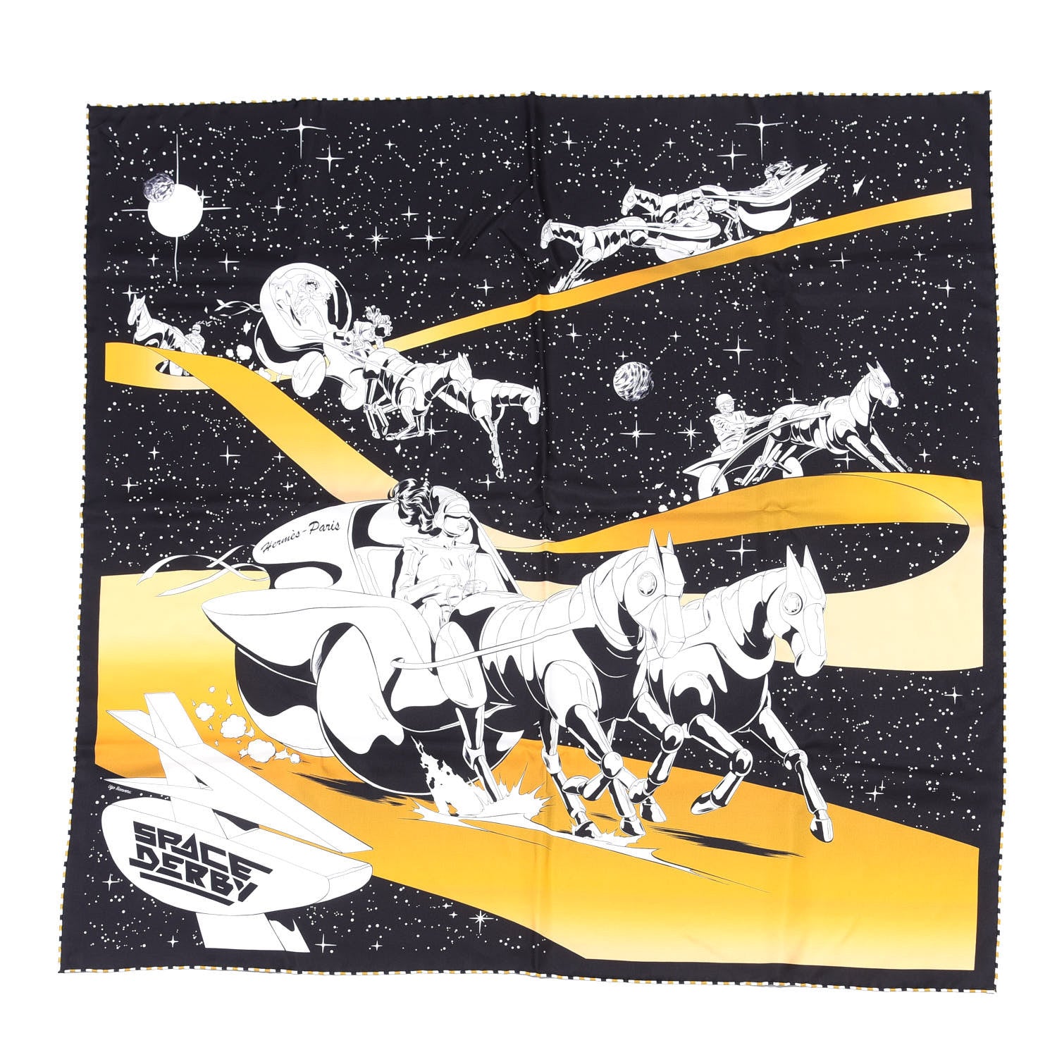 Hermes Silk Space Derby Scarf 90 Black White Gold 1 of 4
