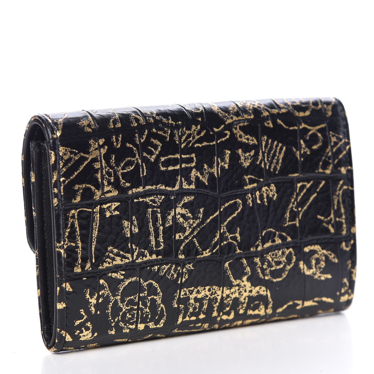 Calfskin Crocodile Embossed Graffiti Reissue Card Holder Wallet Black Gold