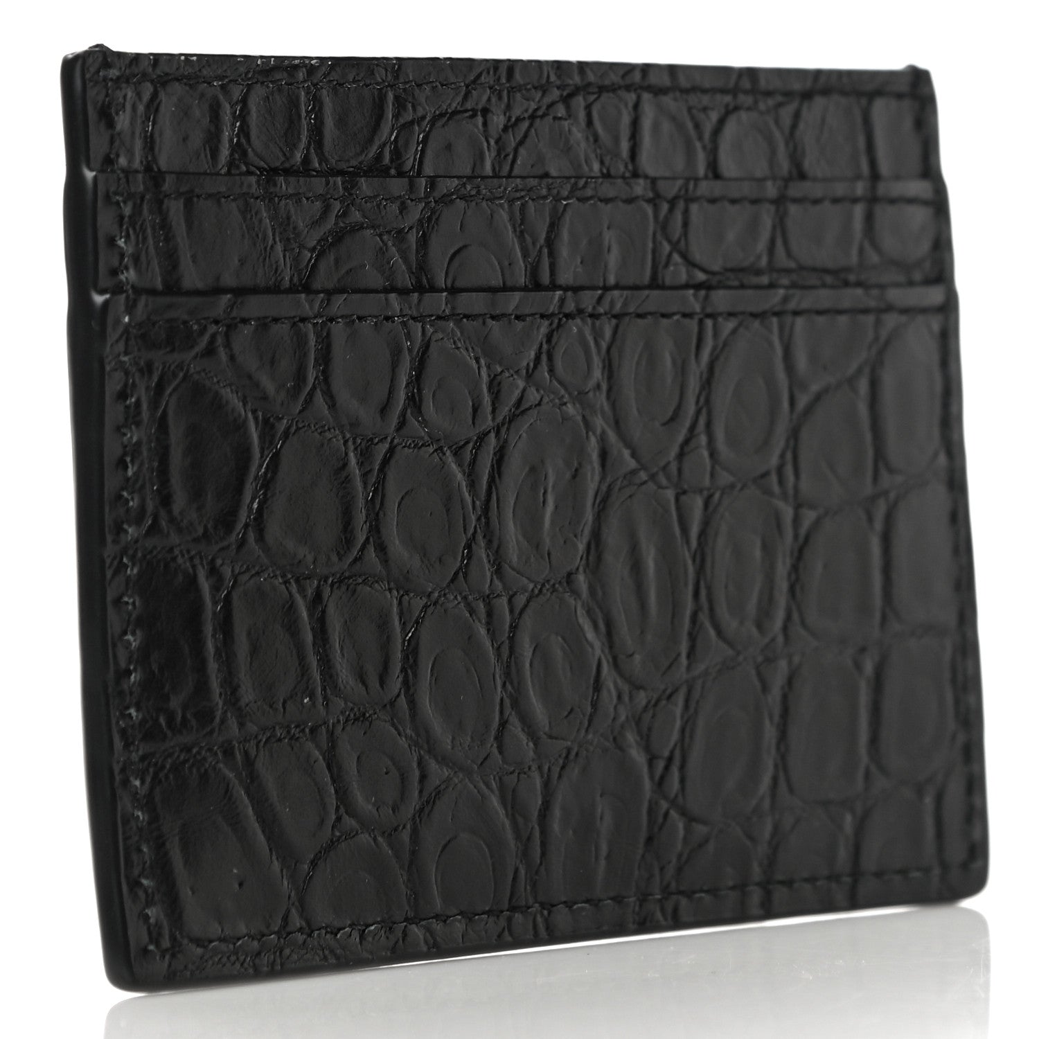 Saint Laurent Calfskin Crocodile Embossed Monogram Tiny Cassandra Credit Card Case Black 3 of 11