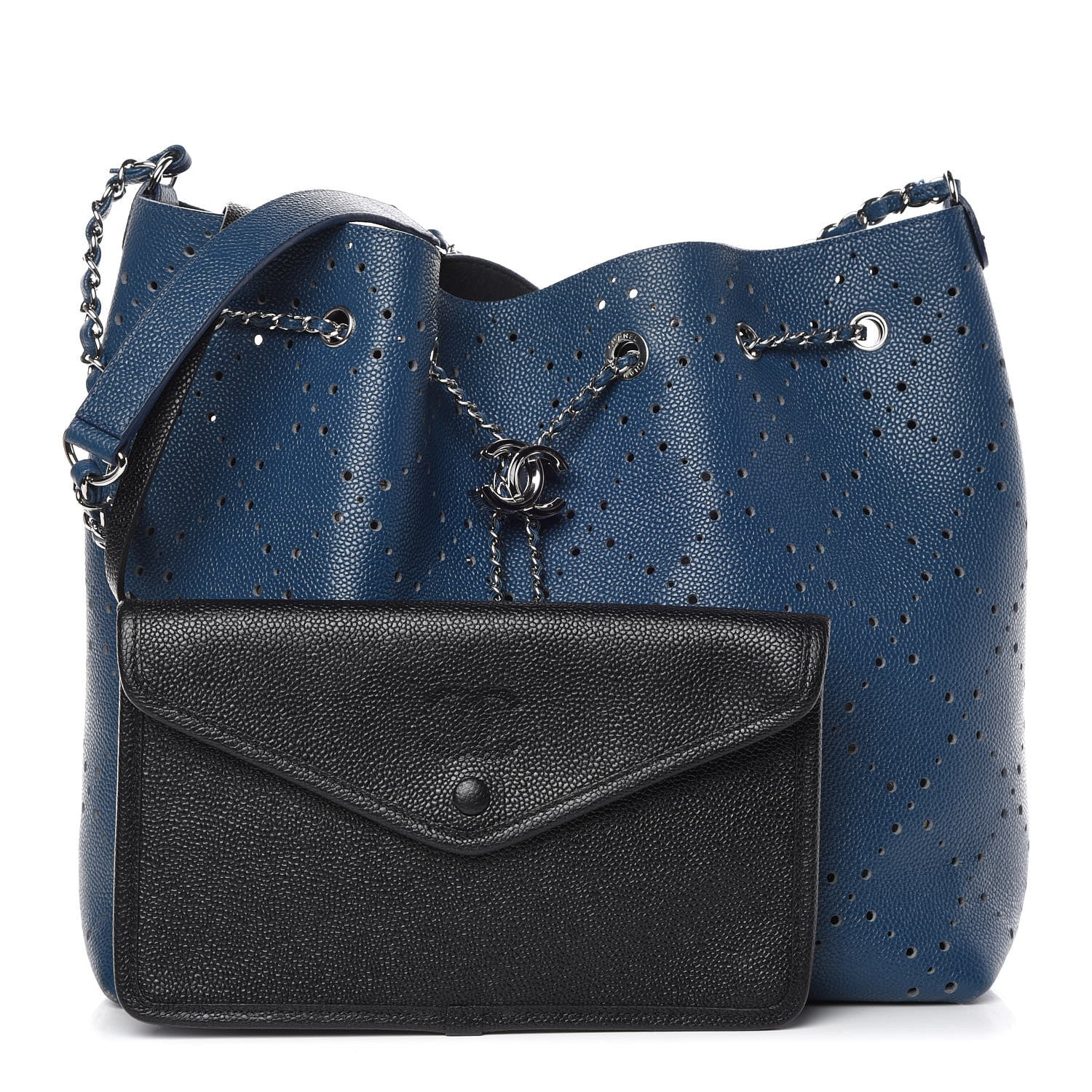 Chanel Caviar Perforated Large Drawstring CC Bag Blue 3 of 13