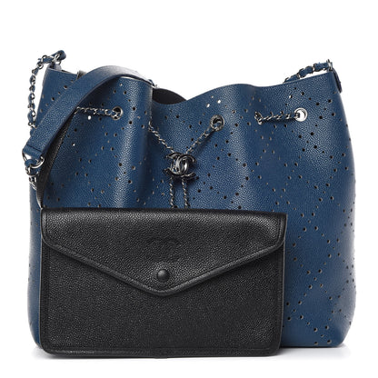 Chanel Caviar Perforated Large Drawstring CC Bag Blue 3 of 13