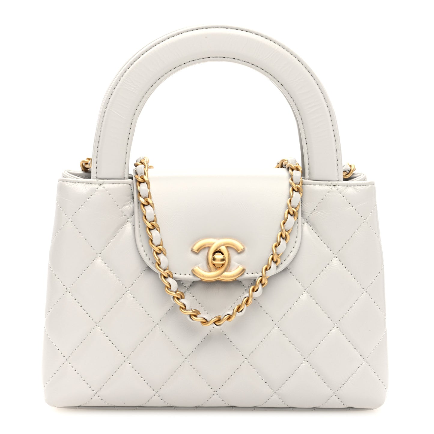 Shiny Aged Calfskin Quilted Nano Kelly Shopper Light Grey