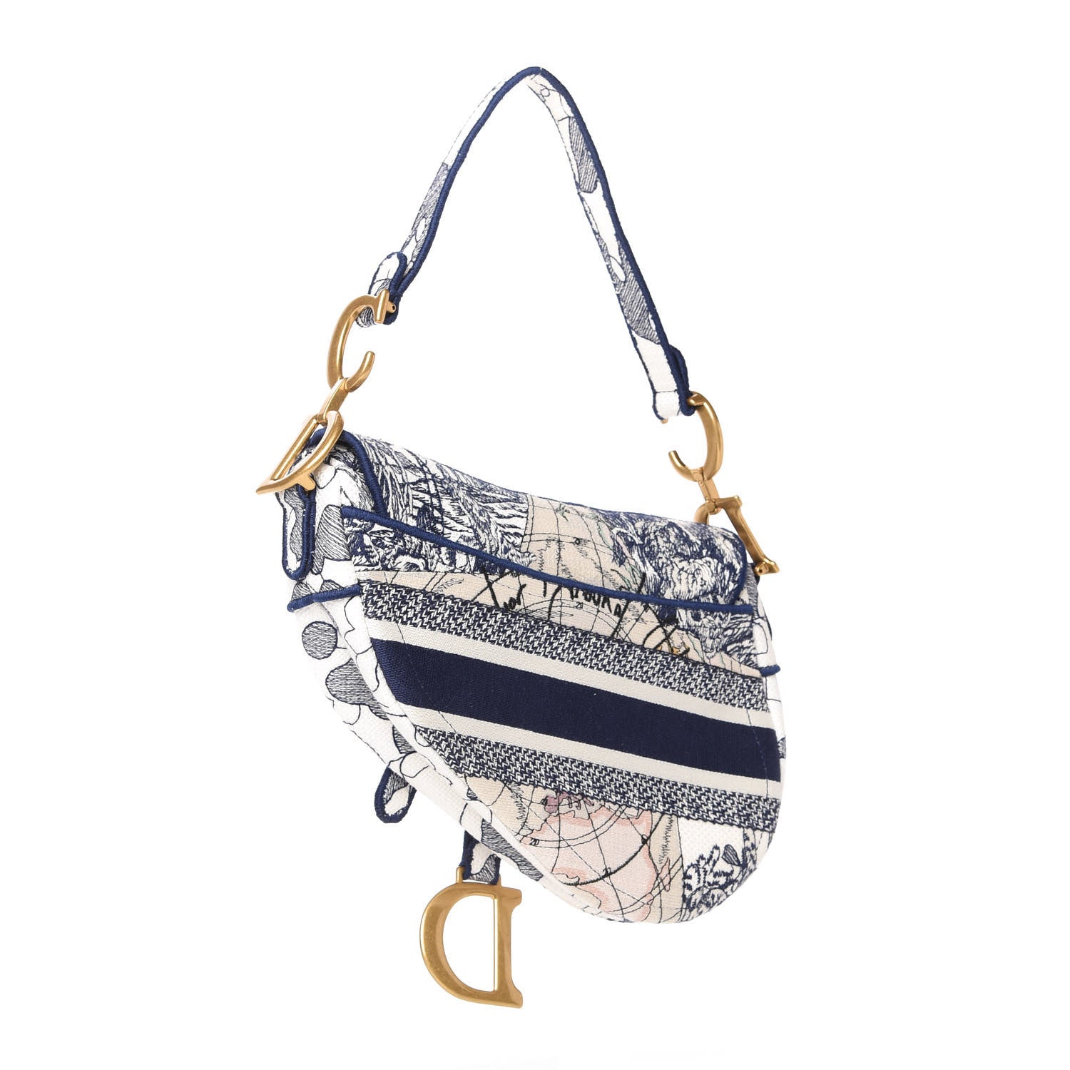 Christian Dior Canvas Embroidered Around the World Saddle Bag Blue 3 of 11