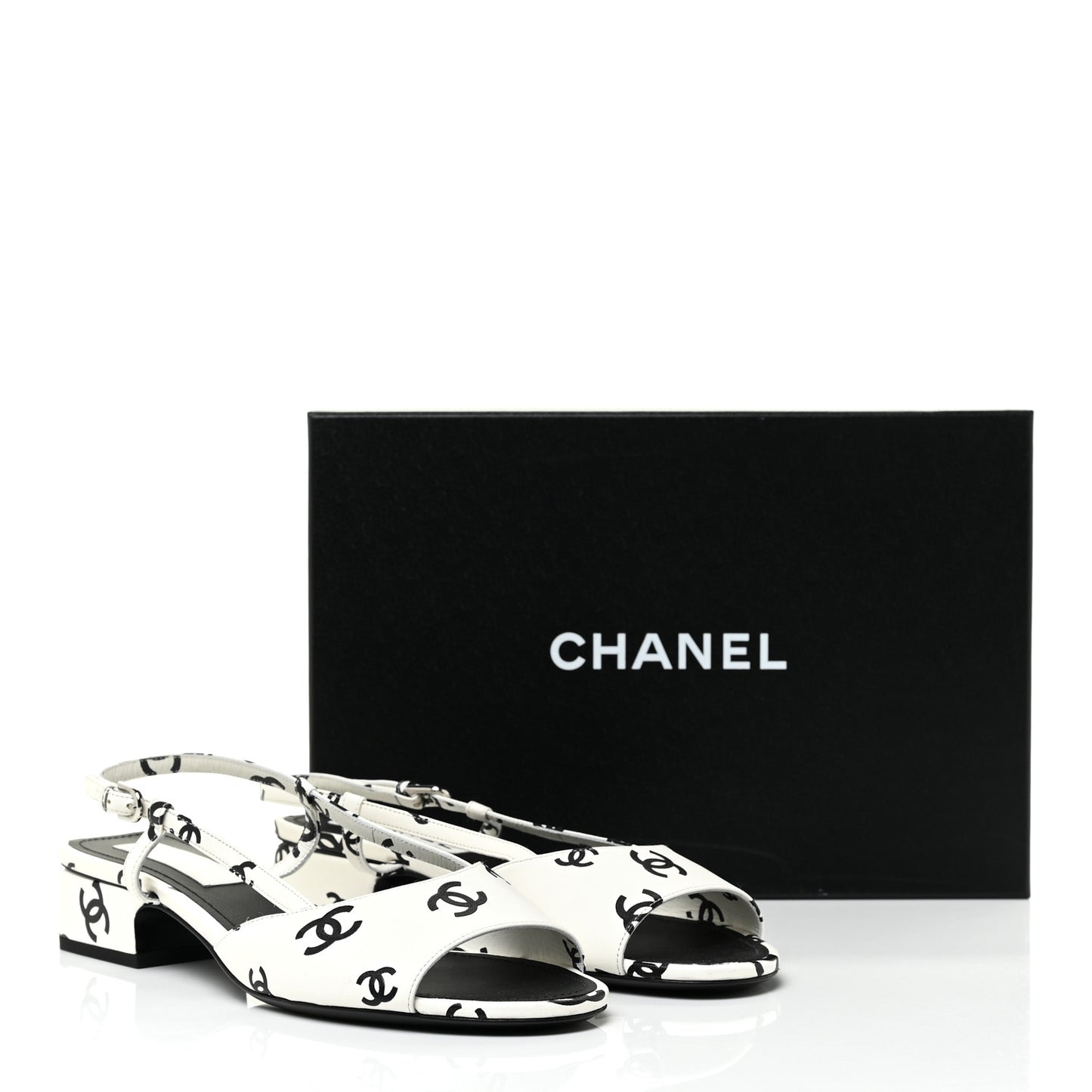 Printed Lambskin CC Slingback Sandals 40 White Black