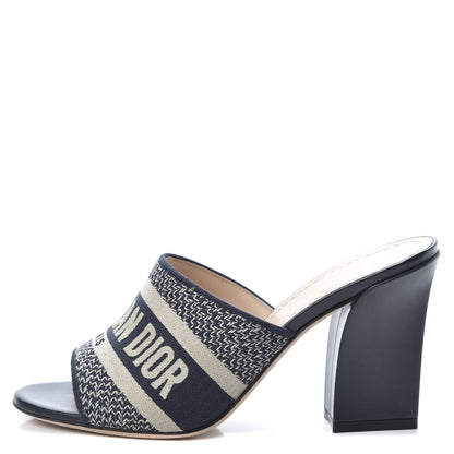Christian Dior Cotton Embroidered D-Way Heeled Slide Sandal 37 Deep Blue 1 of 9