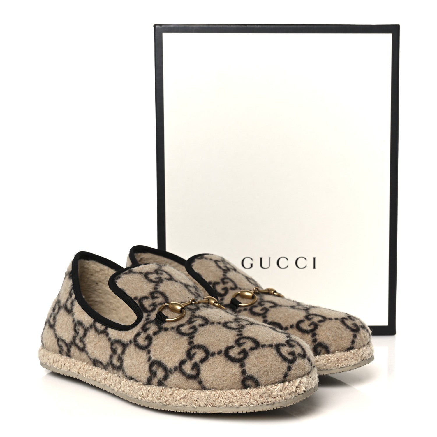 Gucci Covered Wool GG Monogram Mens Fria Horsebit Loafers 9 Beige Ebony Black Butterscotch 11 of 11