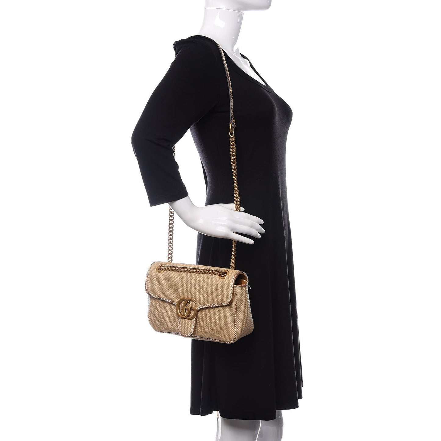 Raffia Elaphe Matelasse Small GG Marmont Shoulder Bag Natural Cream Brown